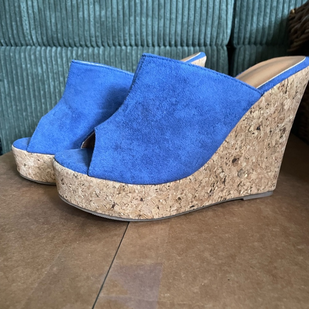 Blue Wedge Platform Slide Sandals